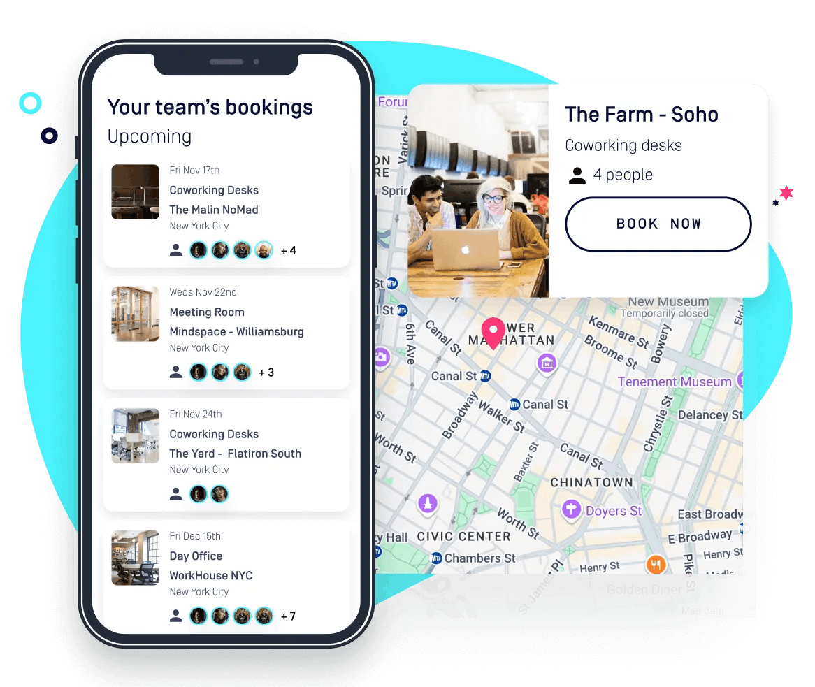 Example from the Hubble app, showing upcoming bookings and available offices in Google maps