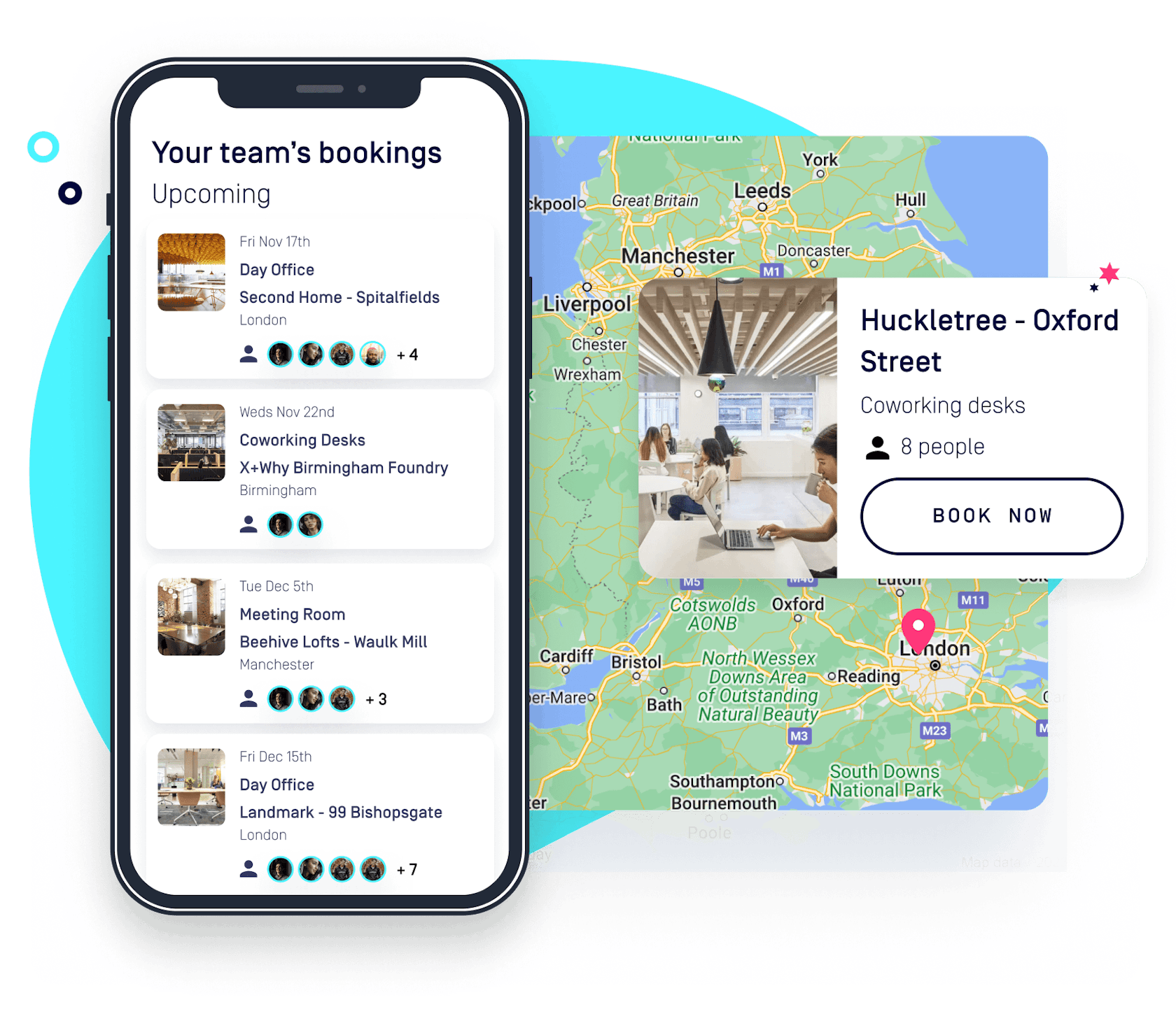 Example from the Hubble app, showing upcoming bookings and available offices in Google maps